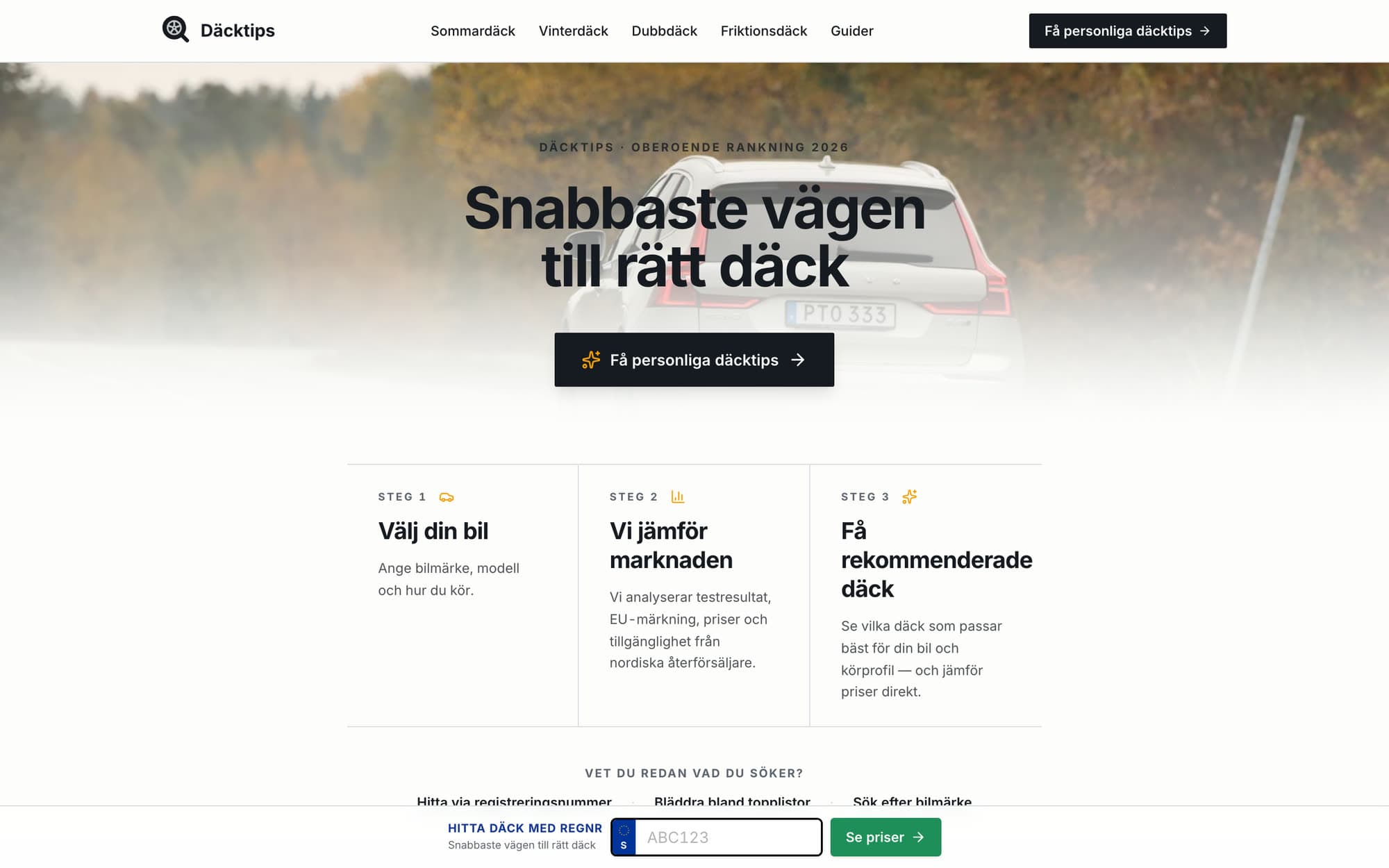 Däcktips startsida: snabbaste vägen till rätt däck